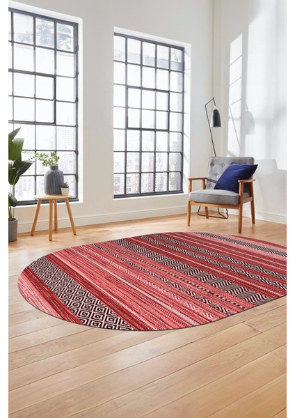 Modern Kilim Dijital Kaymaz Yıkanabilir Oval Yolluk Mutfak Salon Halısı O-Modern-17-Pembe
