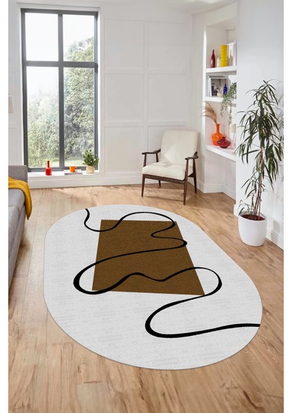 Baskılı Kaymaz Yıkanabilir Modern Oval Yolluk Mutfak Halısı Salon Halısı O-Modern-61-Kahve modelleri