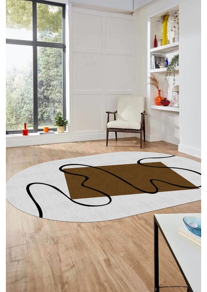 Baskılı Kaymaz Yıkanabilir Modern Oval Yolluk Mutfak Halısı Salon Halısı O-Modern-61-Kahve fırsatları