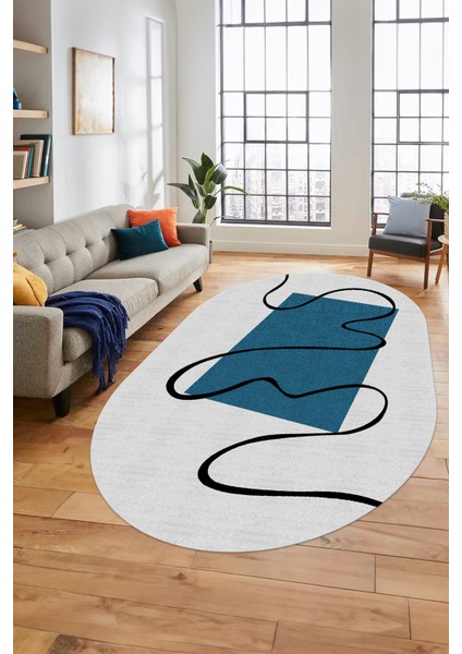Baskılı Kaymaz Yıkanabilir Modern Oval Yolluk Mutfak Halısı Salon Halısı O-Modern-61-Mavi