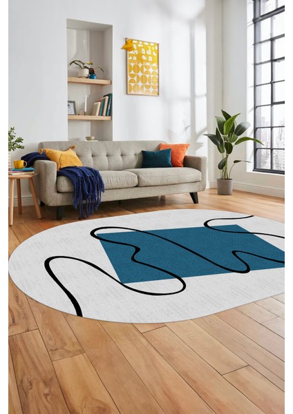 Baskılı Kaymaz Yıkanabilir Modern Oval Yolluk Mutfak Halısı Salon Halısı O-Modern-61-Mavi fiyatları
