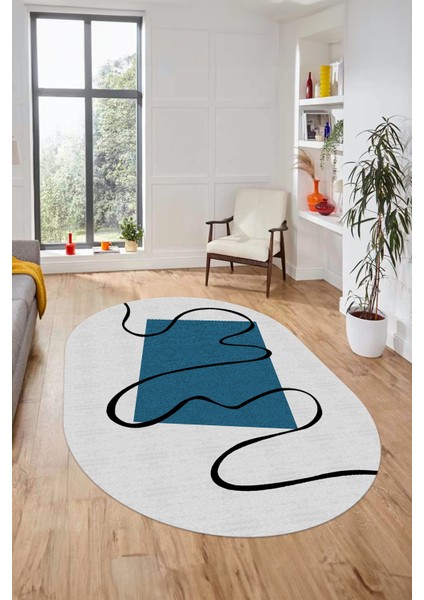 Baskılı Kaymaz Yıkanabilir Modern Oval Yolluk Mutfak Halısı Salon Halısı O-Modern-61-Mavi modelleri