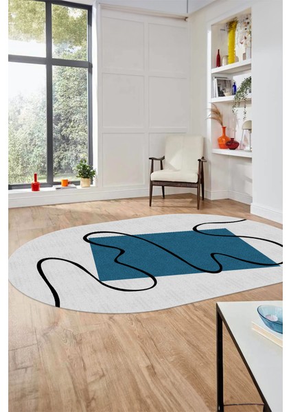 Baskılı Kaymaz Yıkanabilir Modern Oval Yolluk Mutfak Halısı Salon Halısı O-Modern-61-Mavi fırsatları