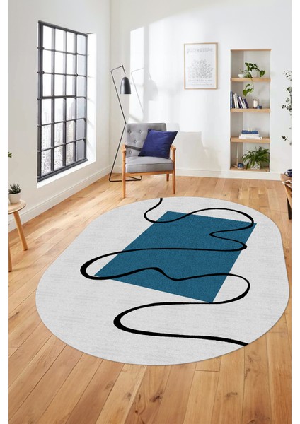 Baskılı Kaymaz Yıkanabilir Modern Oval Yolluk Mutfak Halısı Salon Halısı O-Modern-61-Mavi indirimleri