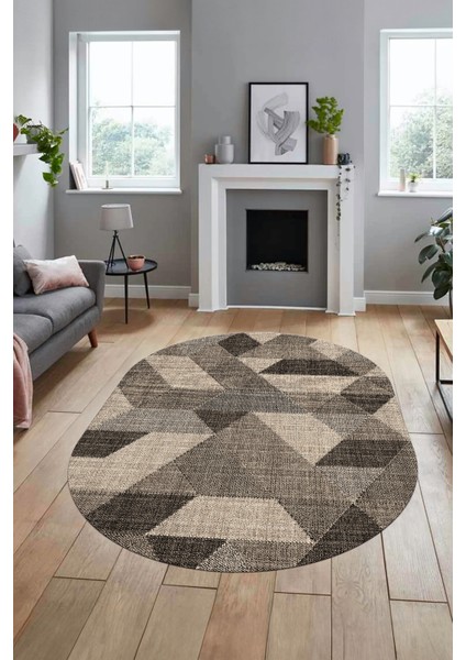 Baskılı Kaymaz Taban Yıkanabilir Modern Şık Oval Yolluk Mutfak Salon Halısı O-Modern-96-Bej indirimleri