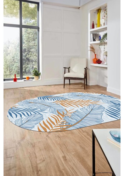 Yapraklı Baskılı Kaymaz Taban Yıkanabilir Modern Oval Yolluk Salon Halısı O-Modern-98-Mavi fiyatları