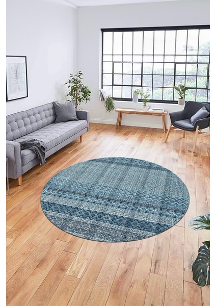 Baskılı Kaymaz Yıkanabilir Şık Kilim Desen Yuvarlak Mutfak Halısı Salon Halısı Y-Modern-70-Mavi