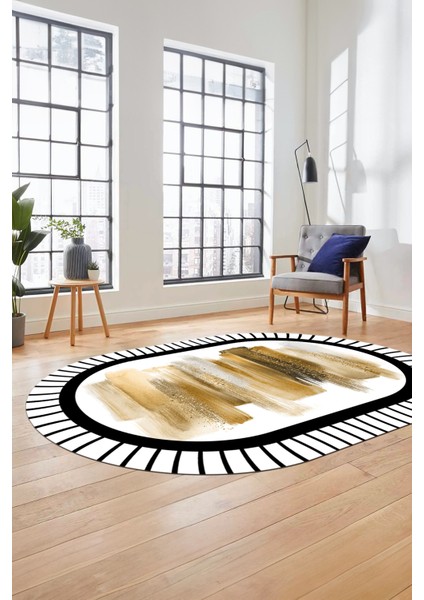 Renkli Modern Dijital Kaymaz Yıkanabilir Oval Yolluk Mutfak Salon Halısı O-Modern-22-Kahve