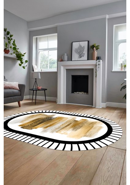 Renkli Modern Dijital Kaymaz Yıkanabilir Oval Yolluk Mutfak Salon Halısı O-Modern-22-Kahve