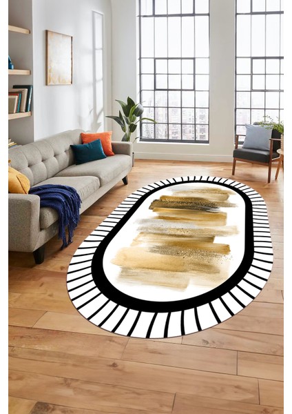 Renkli Modern Dijital Kaymaz Yıkanabilir Oval Yolluk Mutfak Salon Halısı O-Modern-22-Kahve
