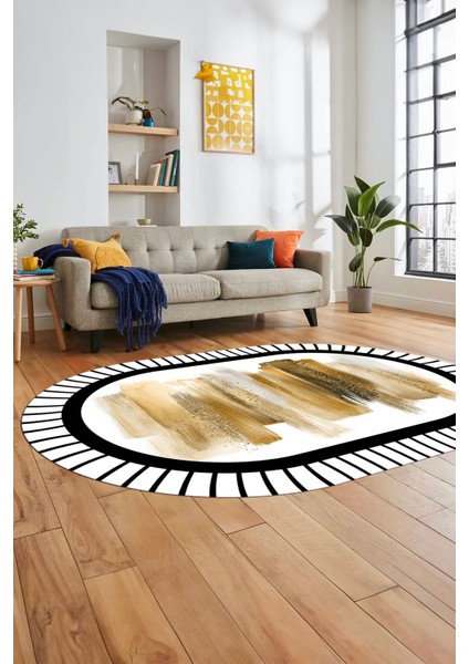Renkli Modern Dijital Kaymaz Yıkanabilir Oval Yolluk Mutfak Salon Halısı O-Modern-22-Kahve