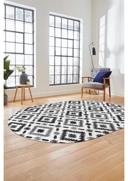 Baklava Desenli Dijital Kaymaz Yıkanabilir Oval Yolluk Mutfak Salon Halısı O-Modern-23-Gri