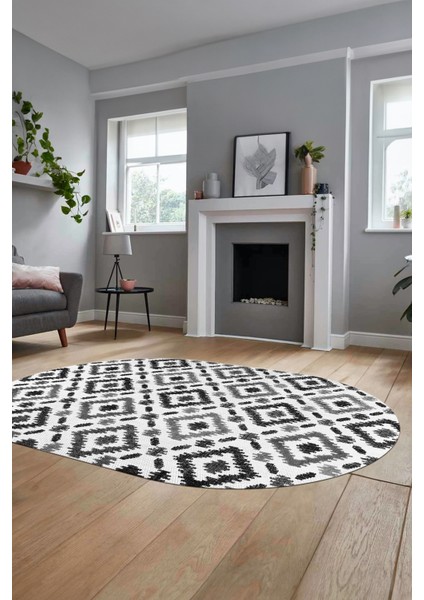 Baklava Desenli Dijital Kaymaz Yıkanabilir Oval Yolluk Mutfak Salon Halısı O-Modern-23-Gri modelleri