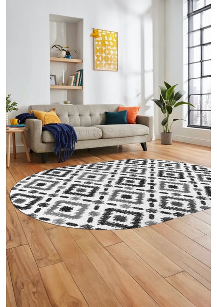 Baklava Desenli Dijital Kaymaz Yıkanabilir Oval Yolluk Mutfak Salon Halısı O-Modern-23-Gri indirimleri