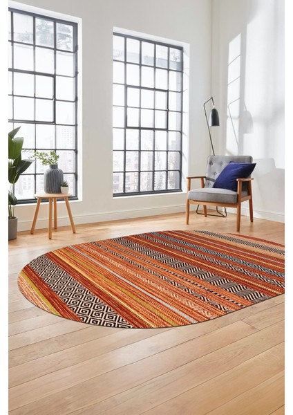Modern Kilim Dijital Kaymaz Yıkanabilir Oval Yolluk Mutfak Salon Halısı O-Modern-17-Turuncu