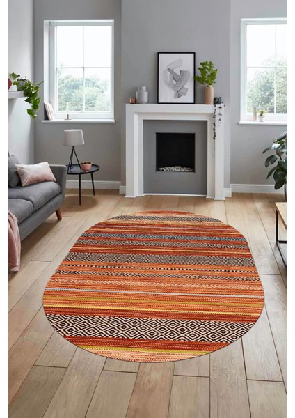 Modern Kilim Dijital Kaymaz Yıkanabilir Oval Yolluk Mutfak Salon Halısı O-Modern-17-Turuncu fiyatları