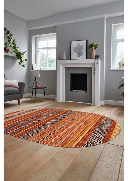 Modern Kilim Dijital Kaymaz Yıkanabilir Oval Yolluk Mutfak Salon Halısı O-Modern-17-Turuncu modelleri