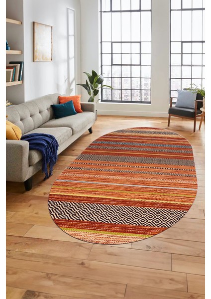 Modern Kilim Dijital Kaymaz Yıkanabilir Oval Yolluk Mutfak Salon Halısı O-Modern-17-Turuncu fırsatları