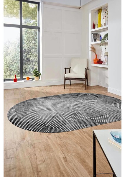 Şık Desen Baskılı Kaymaz Taban Yıkanabilir Modern Oval Yolluk Salon Halısı O-MODERN-111-GRİ