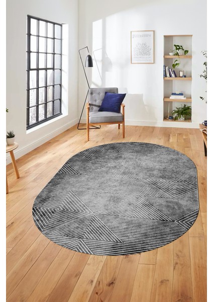 Şık Desen Baskılı Kaymaz Taban Yıkanabilir Modern Oval Yolluk Salon Halısı O-MODERN-111-GRİ fiyatları