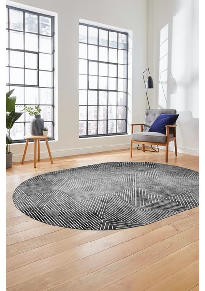 Şık Desen Baskılı Kaymaz Taban Yıkanabilir Modern Oval Yolluk Salon Halısı O-MODERN-111-GRİ modelleri