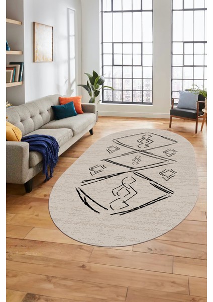 Baskılı Kaymaz Yıkanabilir Şık Modern Oval Yolluk Mutfak Halısı Salon Halısı O-Modern-59-Bej fiyatları