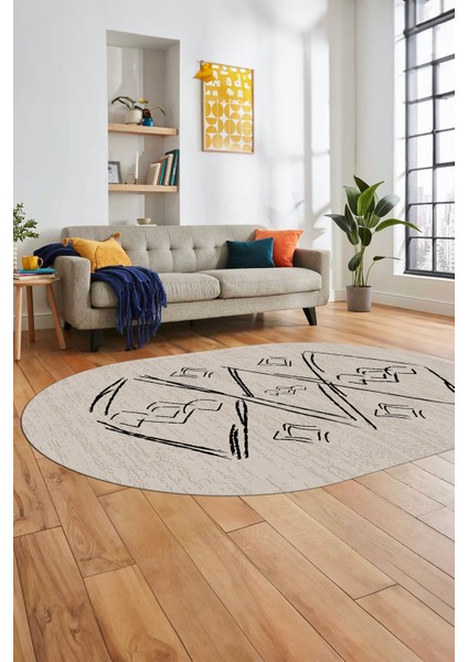 Baskılı Kaymaz Yıkanabilir Şık Modern Oval Yolluk Mutfak Halısı Salon Halısı O-Modern-59-Bej modelleri