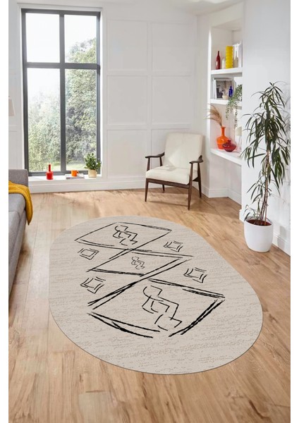 Baskılı Kaymaz Yıkanabilir Şık Modern Oval Yolluk Mutfak Halısı Salon Halısı O-Modern-59-Bej fırsatları