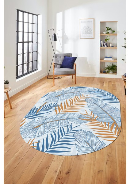 Yapraklı Baskılı Kaymaz Taban Yıkanabilir Modern Oval Yolluk Salon Halısı O-Modern-98-Mavi modelleri