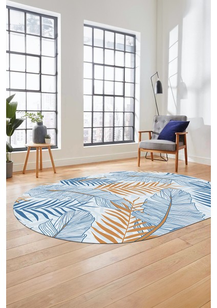 Yapraklı Baskılı Kaymaz Taban Yıkanabilir Modern Oval Yolluk Salon Halısı O-Modern-98-Mavi fırsatları