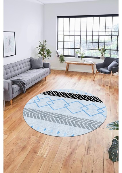 Sade Modern Kilim Desen Kaymaz Yıkanabilir Yuvarlak Mutfak Salon Halısı Y-Modern-75-Mavi