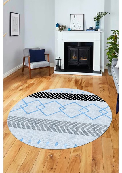 Sade Modern Kilim Desen Kaymaz Yıkanabilir Yuvarlak Mutfak Salon Halısı Y-Modern-75-Mavi fiyatları