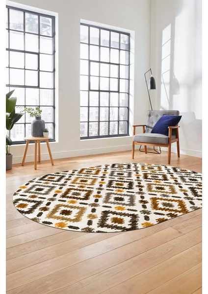 Baklava Desenli Dijital Kaymaz Yıkanabilir Oval Yolluk Mutfak Salon Halısı O-Modern-23-Kahve