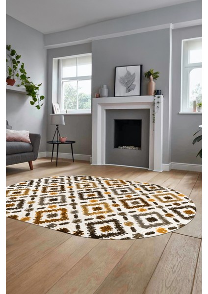 Baklava Desenli Dijital Kaymaz Yıkanabilir Oval Yolluk Mutfak Salon Halısı O-Modern-23-Kahve modelleri