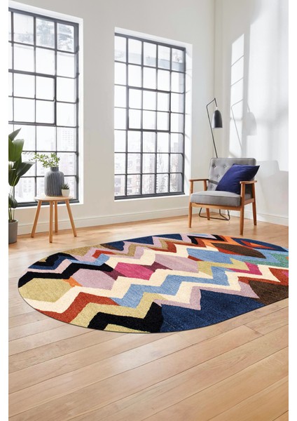 Etnik Modern Desen Dijital Kaymaz Yıkanabilir Oval Yolluk Mutfak Salon Halısı O-Modern-24-Renkli