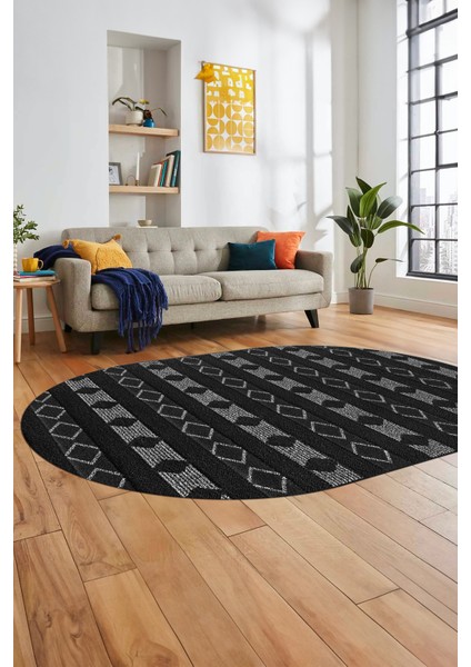 Baskılı Kaymaz Yıkanabilir Kilim Desen Oval Yolluk Mutfak Halısı Salon Halısı O-Modern-64-Antrasit fiyatları