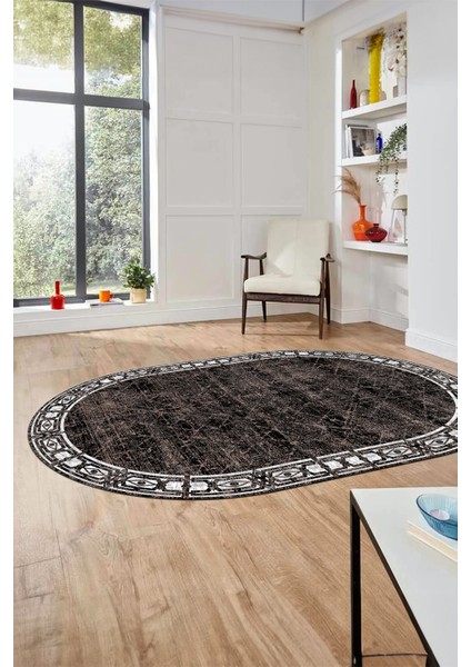Çerçeveli Baskılı Kaymaz Taban Yıkanabilir Oval Yolluk Mutfak Salon Halısı O-MODERN-118-KAHVE