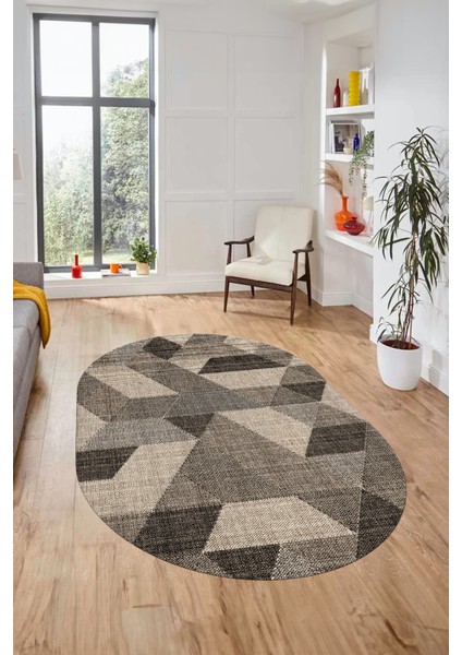 Baskılı Kaymaz Taban Yıkanabilir Modern Şık Oval Yolluk Mutfak Salon Halısı O-Modern-96-Bej