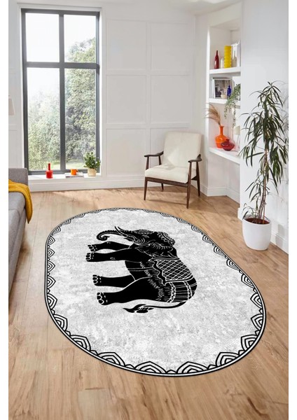 Fil Desen Baskılı Kaymaz Taban Yıkanabilir Modern Oval Yolluk Salon Halısı O-MODERN-101-GRİ