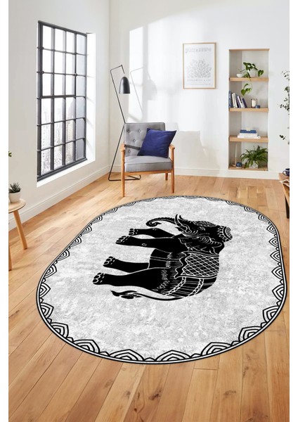 Fil Desen Baskılı Kaymaz Taban Yıkanabilir Modern Oval Yolluk Salon Halısı O-MODERN-101-GRİ
