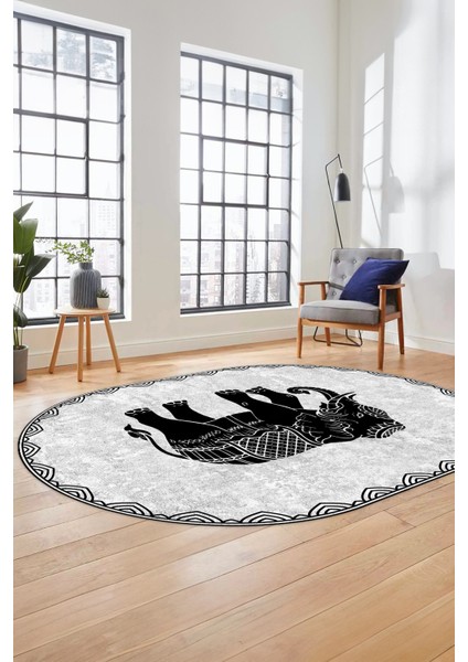 Fil Desen Baskılı Kaymaz Taban Yıkanabilir Modern Oval Yolluk Salon Halısı O-MODERN-101-GRİ