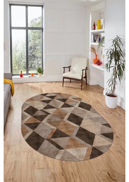 Baklava Desen Baskılı Kaymaz Taban Yıkanabilir Modern Oval Yolluk Salon Halısı O-MODERN-103-KAHVE