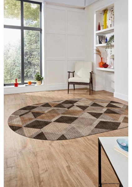 Baklava Desen Baskılı Kaymaz Taban Yıkanabilir Modern Oval Yolluk Salon Halısı O-MODERN-103-KAHVE
