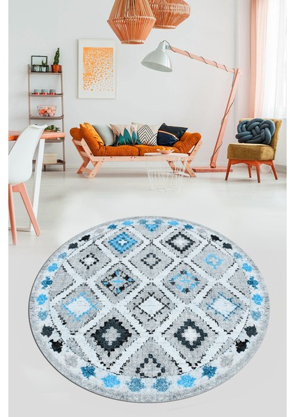 Baskılı Kaymaz Yıkanabilir Etnik Modern Yuvarlak Mutfak Halısı Salon Halısı Y-Modern-60-Mavi