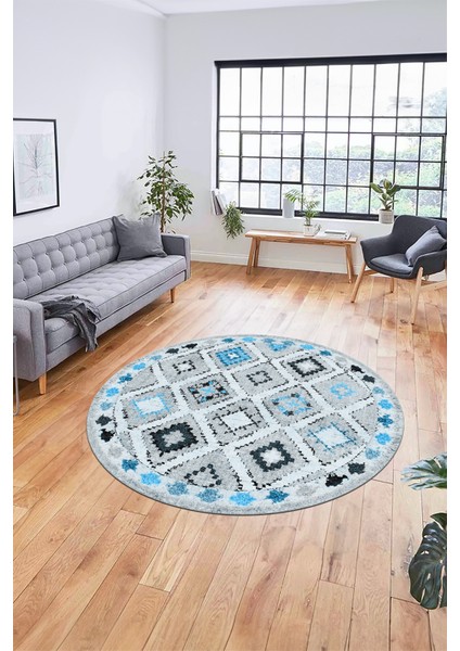 Baskılı Kaymaz Yıkanabilir Etnik Modern Yuvarlak Mutfak Halısı Salon Halısı Y-Modern-60-Mavi
