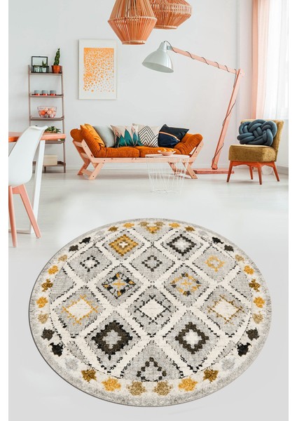 Baskılı Kaymaz Yıkanabilir Etnik Modern Yuvarlak Mutfak Halısı Salon Halısı Y-Modern-60-Sarı