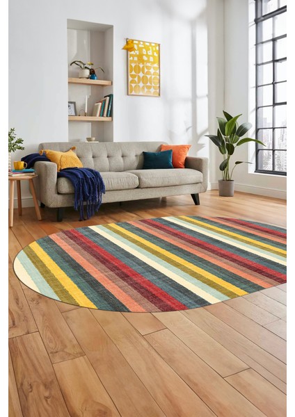 Modern Kilim Desen Dijital Kaymaz Yıkanabilir Oval Yolluk Mutfak Salon Halısı O-Modern-25-Renkli