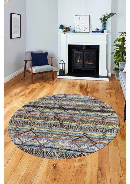 Kilim Desen Özel Tasarım Kaymaz Yıkanabilir Yuvarlak Mutfak Salon Halısı Y-Modern-85-Renkli