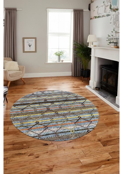 Kilim Desen Özel Tasarım Kaymaz Yıkanabilir Yuvarlak Mutfak Salon Halısı Y-Modern-85-Renkli