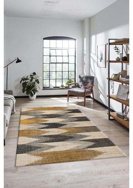 Renkli Desen Baskılı Kaymaz Taban Yıkanabilir Modern Yolluk Salon Halısı MODERN-104-KAHVE